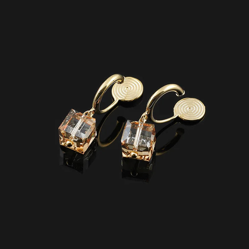 Elegant Gold Tone Cube Crystal Hoop Dangle Stud & Clip On No Piercing Sweet Luxury Earrings
