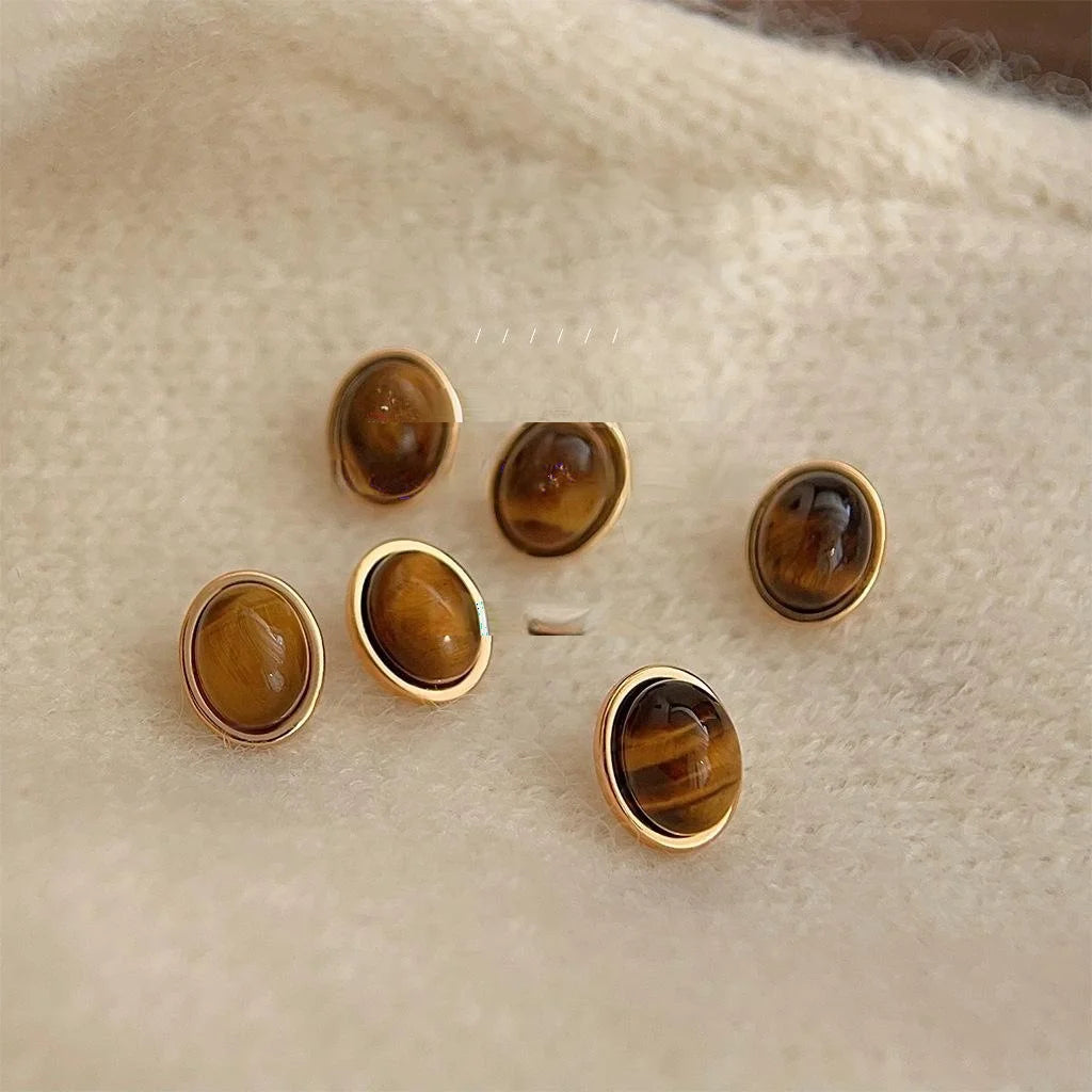 Vintage Artsy 14K Gold Plated Copper Tiger Eye Oval Mini Stud Earrings