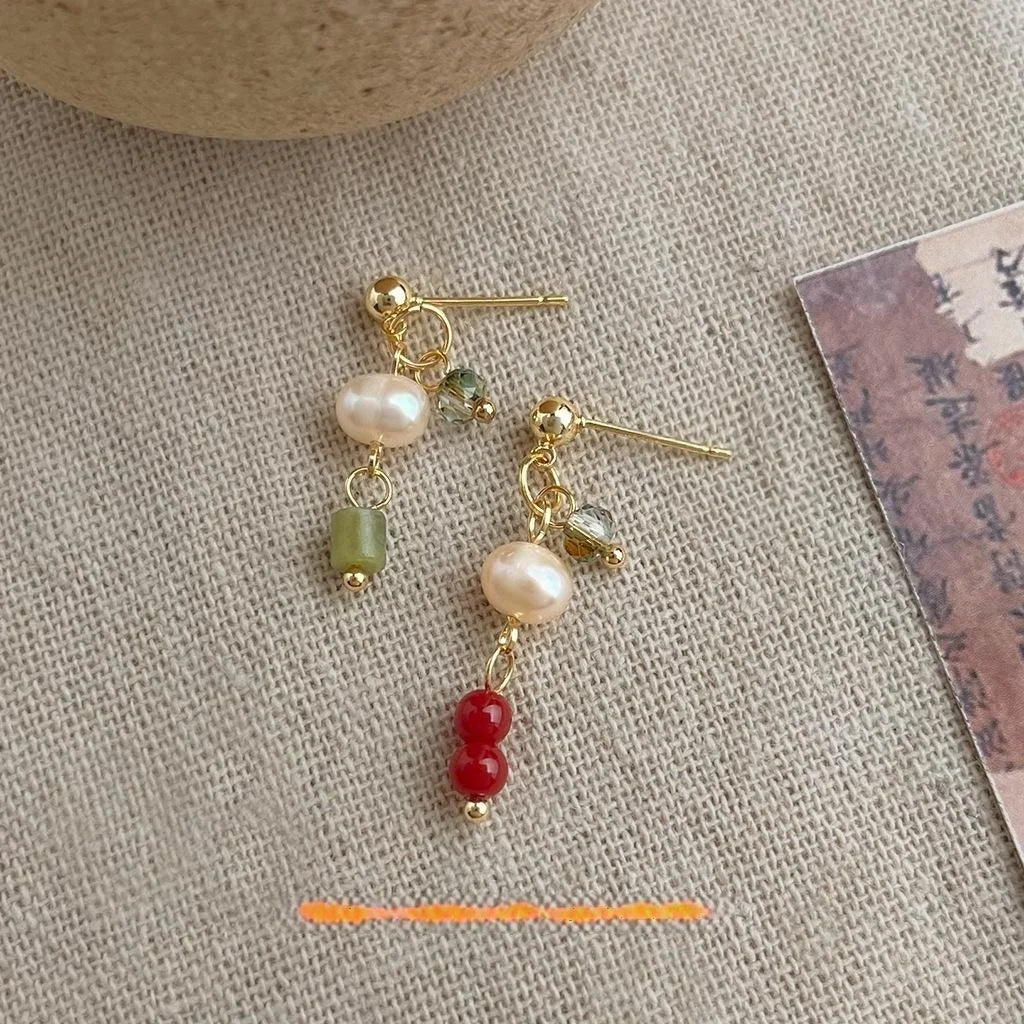 Designer Freshwater Pearl Asymmetric AB Drop Earrings New Chinese Style Geometric Jewelry