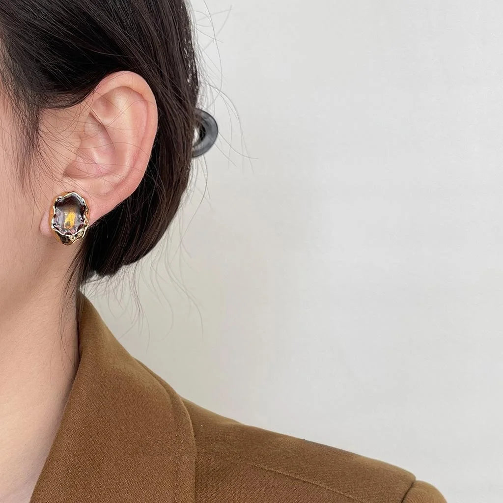 14K Gold Plated Copper Irregular Geometric Amber Enamel Stud Earrings French Vintage Maillard Style