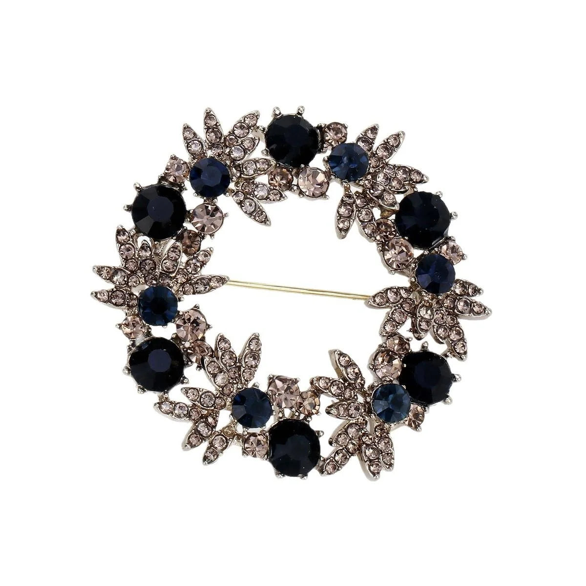 Luxury Rhinestone Floral Wreath Brooch With Navy Crystal Accents, Elegant Alloy Lapel Pin Suit Accessory