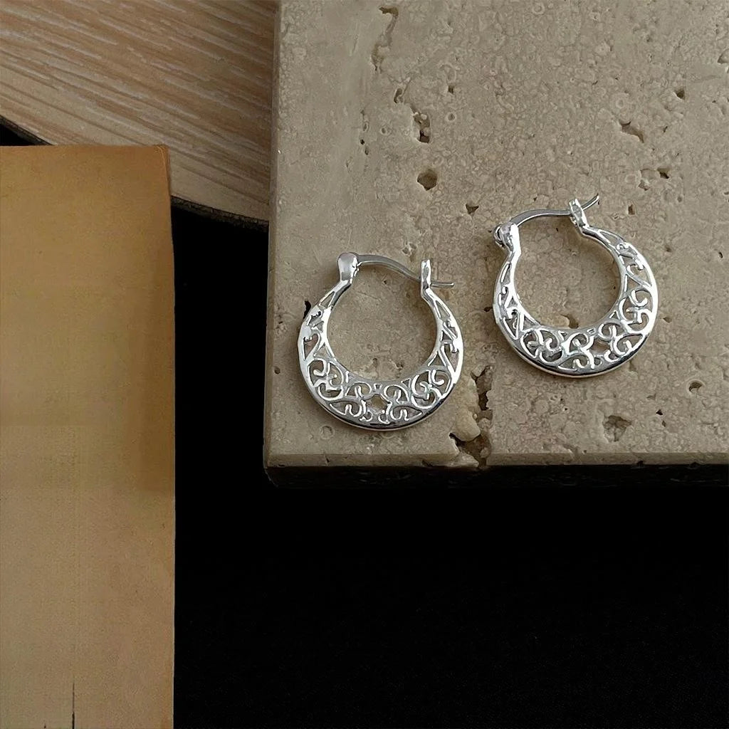 Silver Tone Copper Hollow Geometric Round U Shaped Stud Earrings New Chinese Ethnic Style