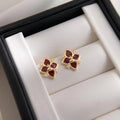 Hepburn Style Burgundy Enamel Gourd Flower Zircon Copper Stud Earrings