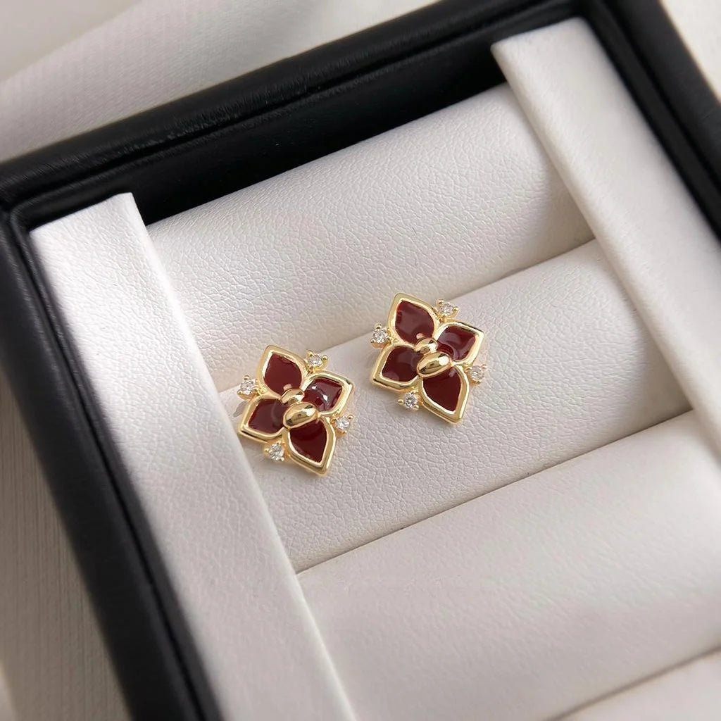 Hepburn Style Burgundy Enamel Gourd Flower Zircon Copper Stud Earrings
