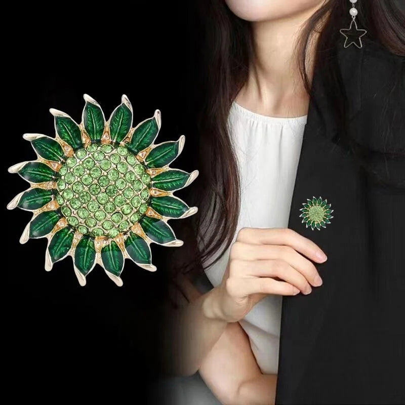 Luxury Enamel Sunflower Brooch With Rhinestone Center, Elegant Alloy Lapel Pin Corsage Suit Accessory