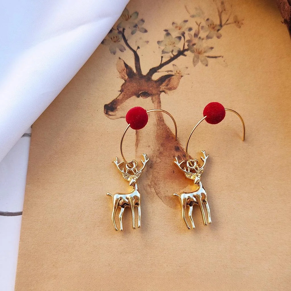 14K Gold Plated Alloy Reindeer Drop Earrings Christmas Animal Charm Jewelry For Women