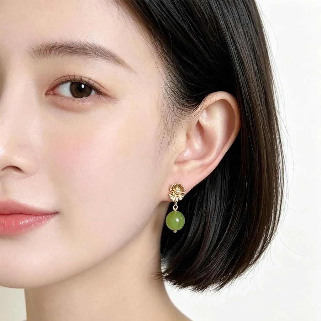 Forest Style Green Daisy Natural Stone Drop Earrings, Eco Friendly Copper Handmade Floral Jewelry