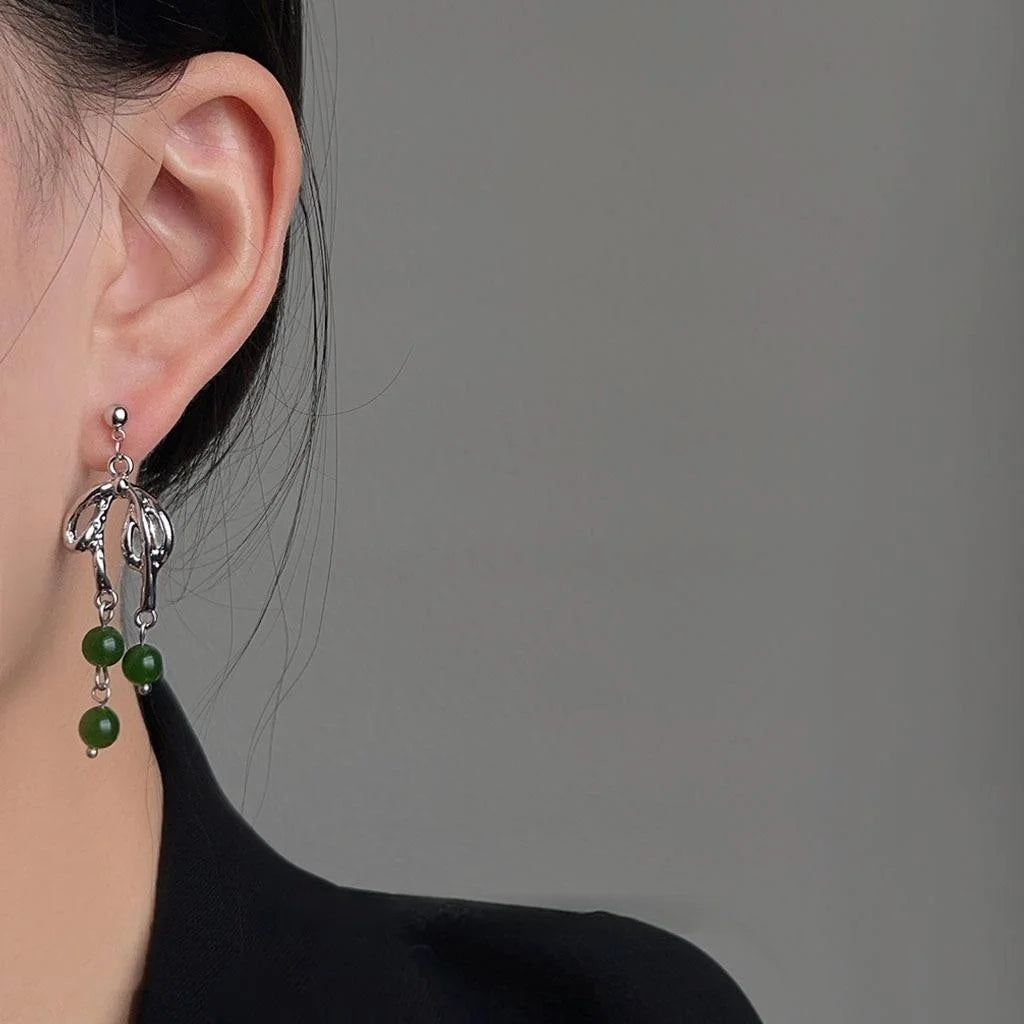 Handmade New Chinese Style Emerald Natural Stone Bow Tassel Drop Earrings Silver Plated Copper