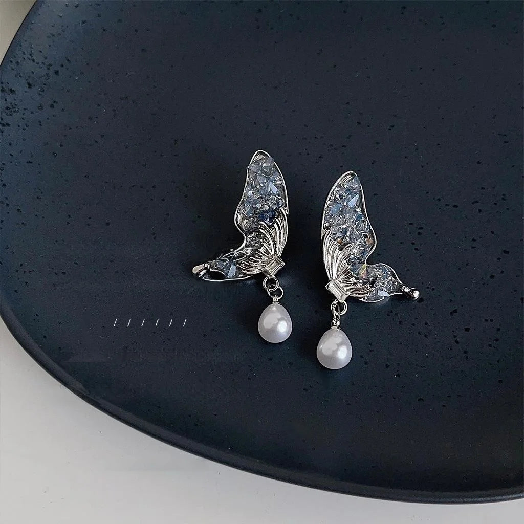 Glass Crystal Butterfly Stud Earrings Silver Plated Pin Light Luxury Spring Jewelry