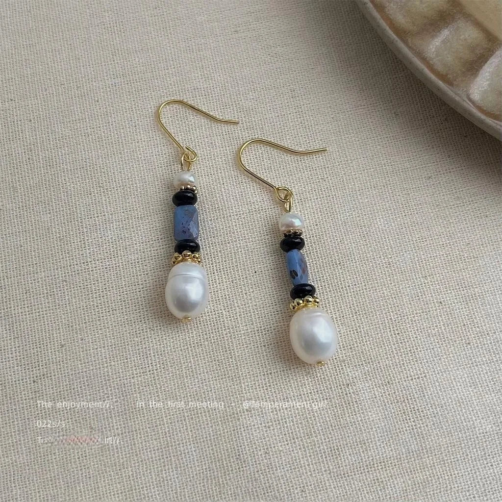 Handmade Natural Freshwater Pearl Drop Earrings Ethnic Retro Navy Blue Geometric Design