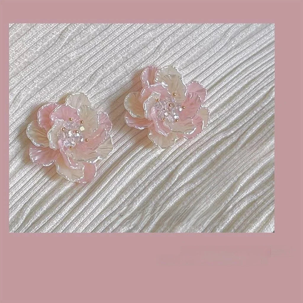 Cute Pink Acrylic 3D Flower Petal Stud Earrings With Silver Plated Pins For Street Style