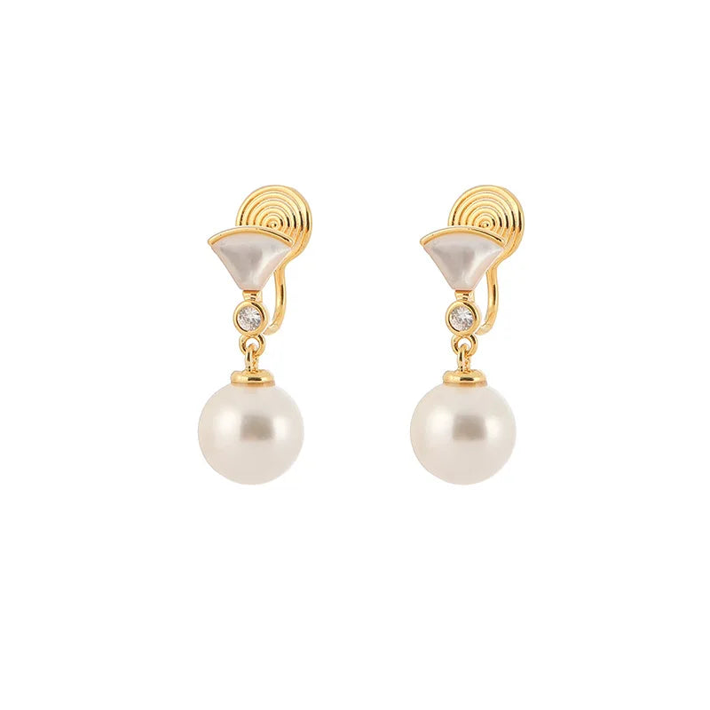 Elegant Gold Tone Shell Fan Pearl Drop Alloy Rhinestone Stud & Clip On No Piercing Earrings