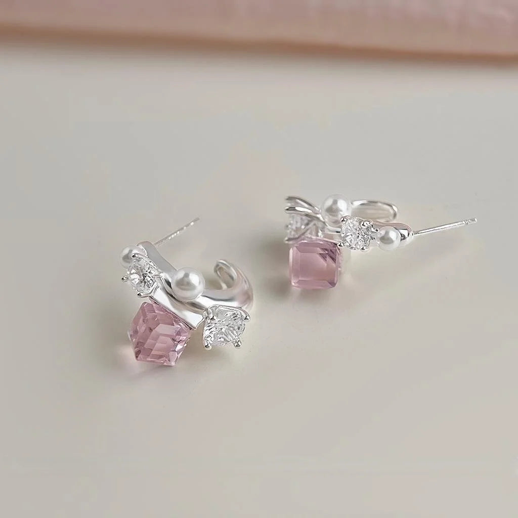 Pink Glass Crystal Sugar Cube Geometric Stud Earrings Copper Sweet Cool Style