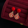 New Year Guochao Flocked Enamel Geometric Pom Pom Drop Earrings
