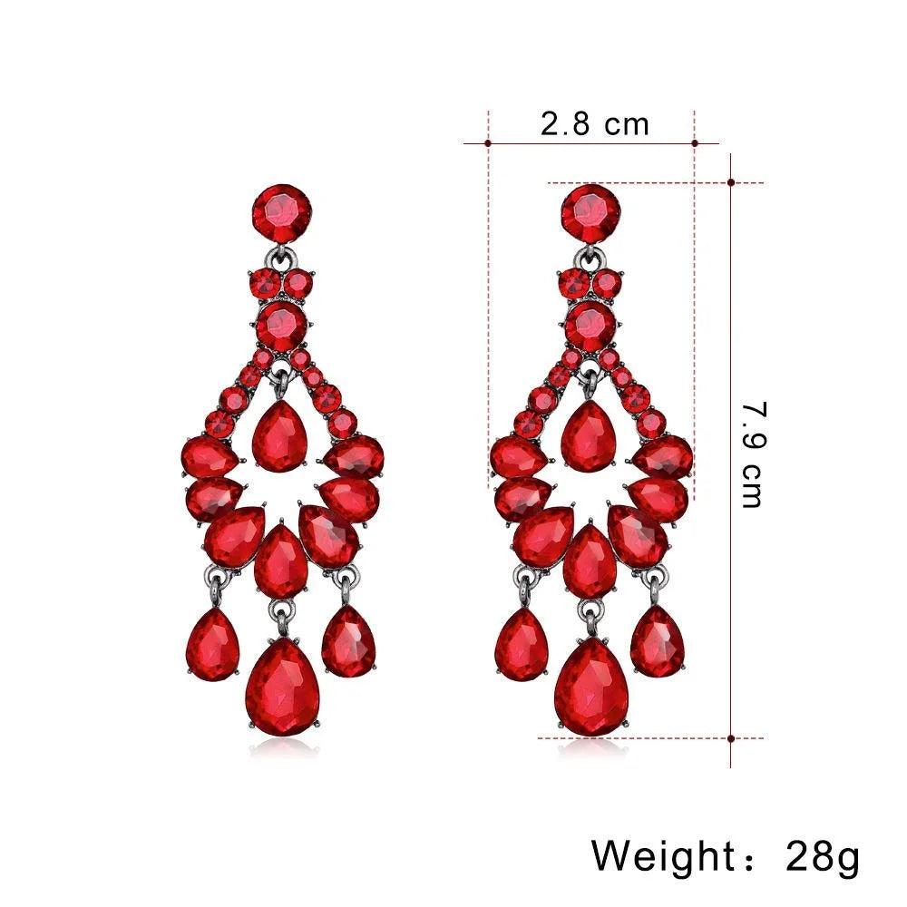 Vintage Bohemian Red Glass Rhinestone Teardrop Tassel Alloy Chandelier Earrings For Wedding Banquet Party