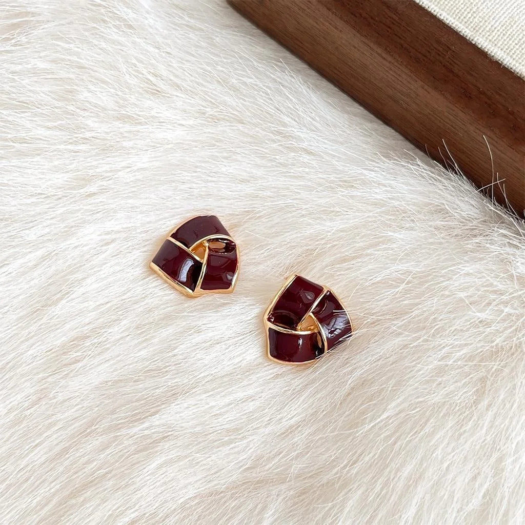 French Vintage Red Enamel Geometric Copper Drop Earrings Light Luxury Niche Jewelry