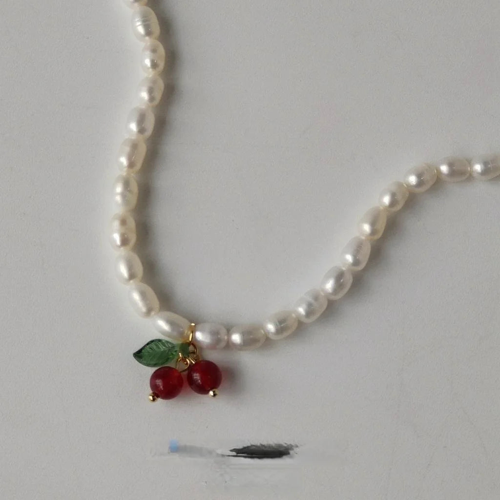 French Vintage Freshwater Pearl Cherry Copper Choker Necklace For Women