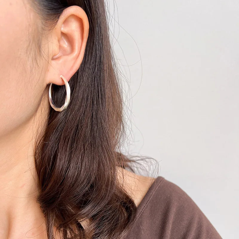 Elegant Brushed Silver Alloy Round Hoop Earrings, Stud & Clip On No Piercing Lightweight Hoop Earrings