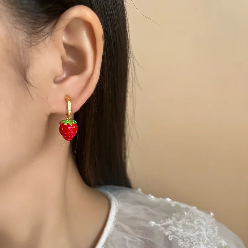 Sweet Cute Enamel Strawberry Alloy Zircon Luxury Long Drop Stud & Clip On No Piercing Fruit Earrings