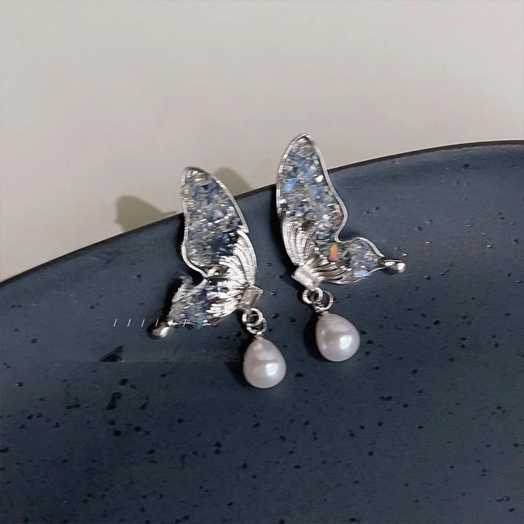 Glass Crystal Butterfly Stud Earrings Silver Plated Pin Light Luxury Spring Jewelry