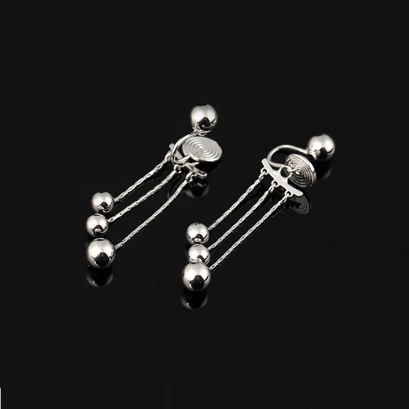 Elegant Alloy Metal Ball Spiral Tassel Drop Stud & Clip On No Piercing Back Hanging Earrings