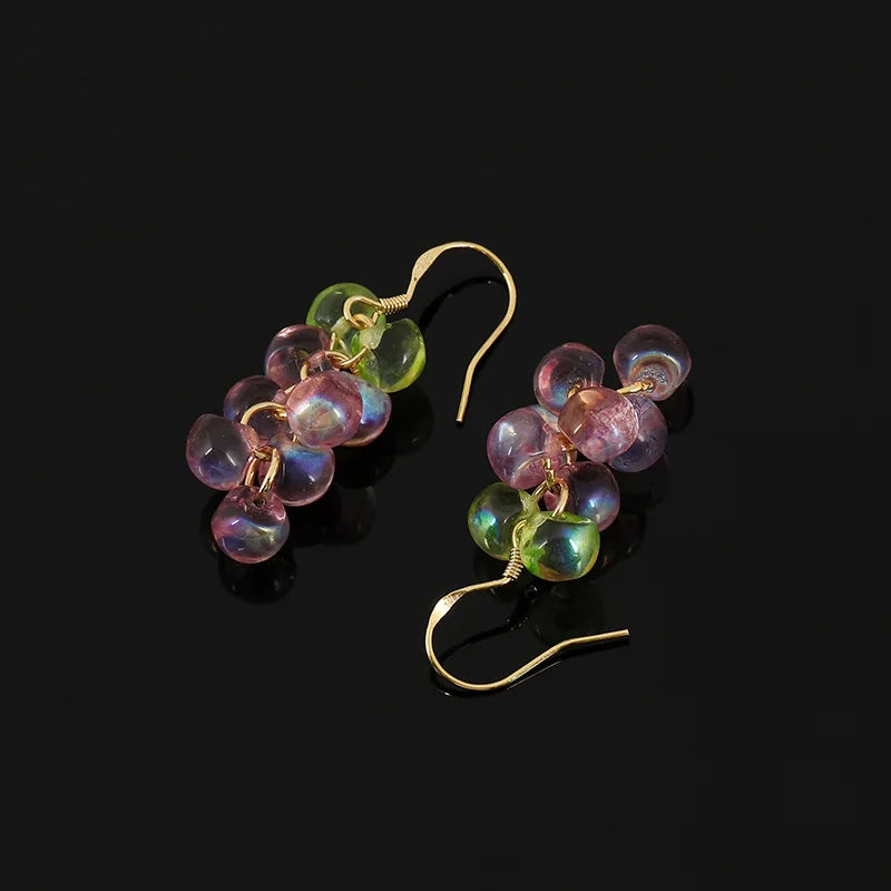 Elegant Forest Style Grape Cluster Crystal Bead Drop Stud & Clip On No Piercing Gold Alloy Hoop Earrings