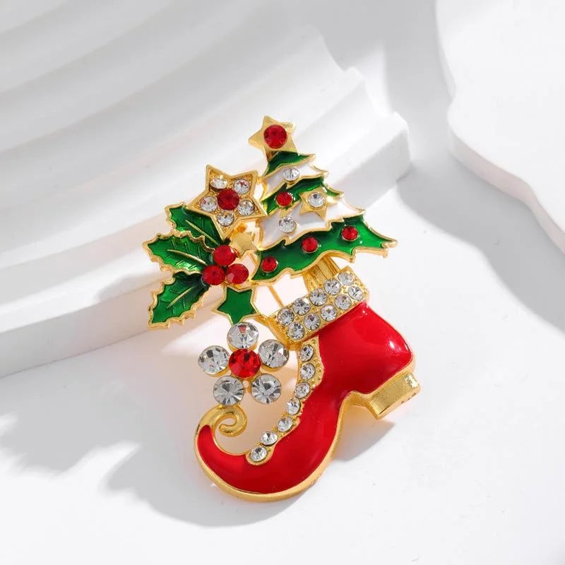 Elegant Christmas Boot Brooch With Enamel Holly Tree And Rhinestones, Alloy Lapel Pin Corsage Gift