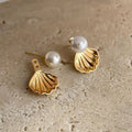 14K Gold Plated Copper Shell Glass Pearl Stud Earrings, Two Way Light Luxury Minimalist Jewelry