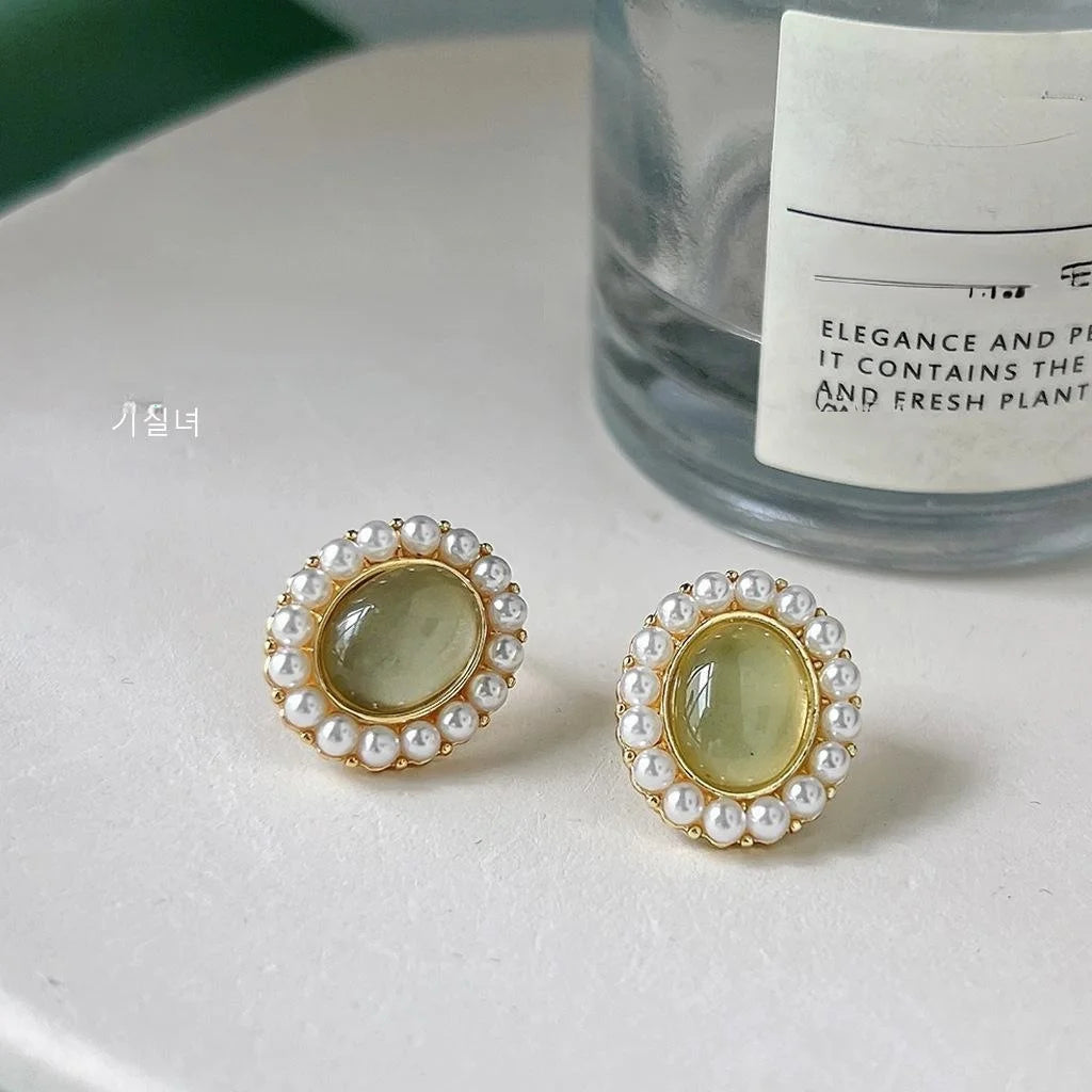 Summer Oval Pearl Stud Earrings 14K Plated Copper Forest Style Jewelry
