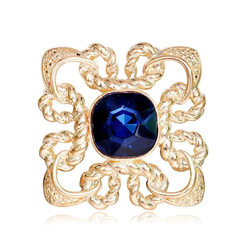 Elegant Gold Alloy Brooch With Deep Blue Glass Crystal And Rhinestone Knot Design Lapel Pin Gift