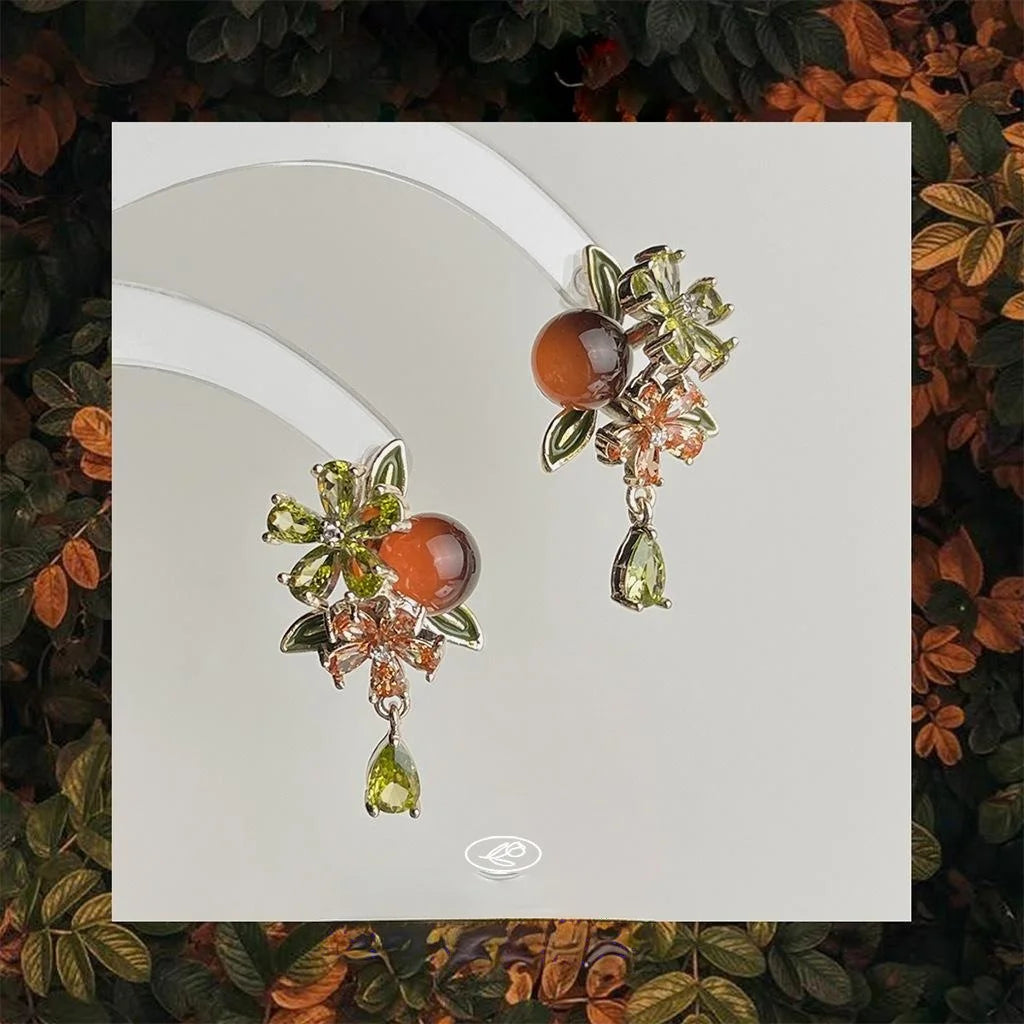 Vintage Floral Persimmon Leaf Drop Earrings With Zircon Resin And Copper Silver-Plated Pins