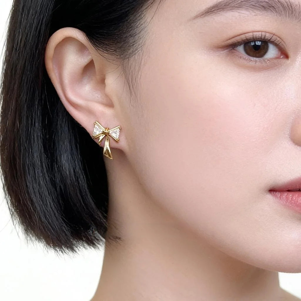 High End Zircon Bowknot Copper Stud Earrings For Women Minimalist Commuter Jewelry