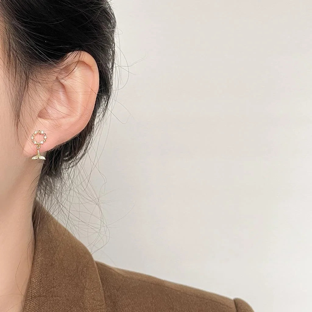 Mini 14K Gold Plated Copper Leaf Stud Earrings With Zircon Pave