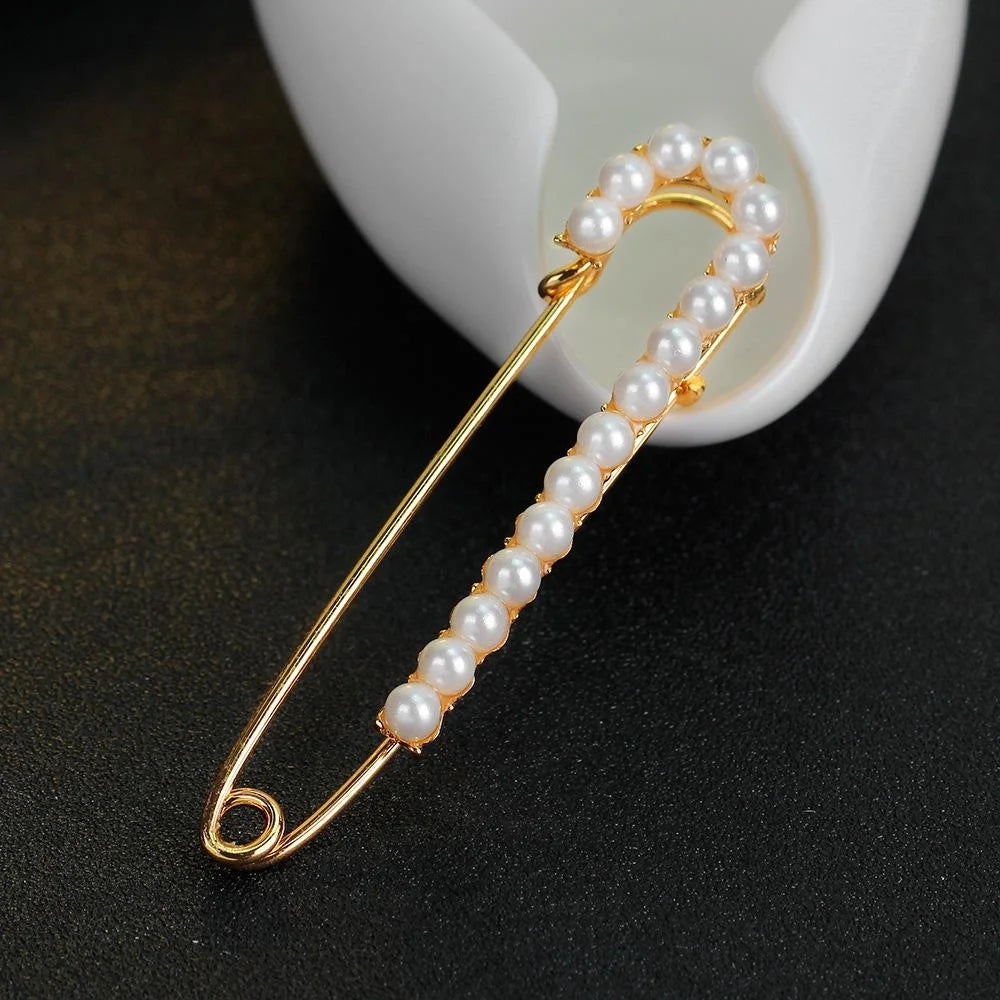 Elegant Gold Alloy Safety Pin Brooch With Faux Pearls, Vintage Sweater Scarf Buckle Lapel Pin Gift