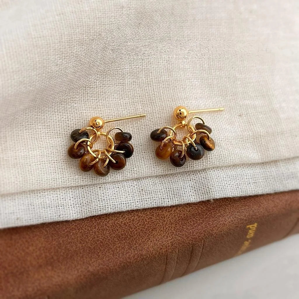 Maillard Style Natural Tiger Eye Stone Copper Tassel Drop Earrings