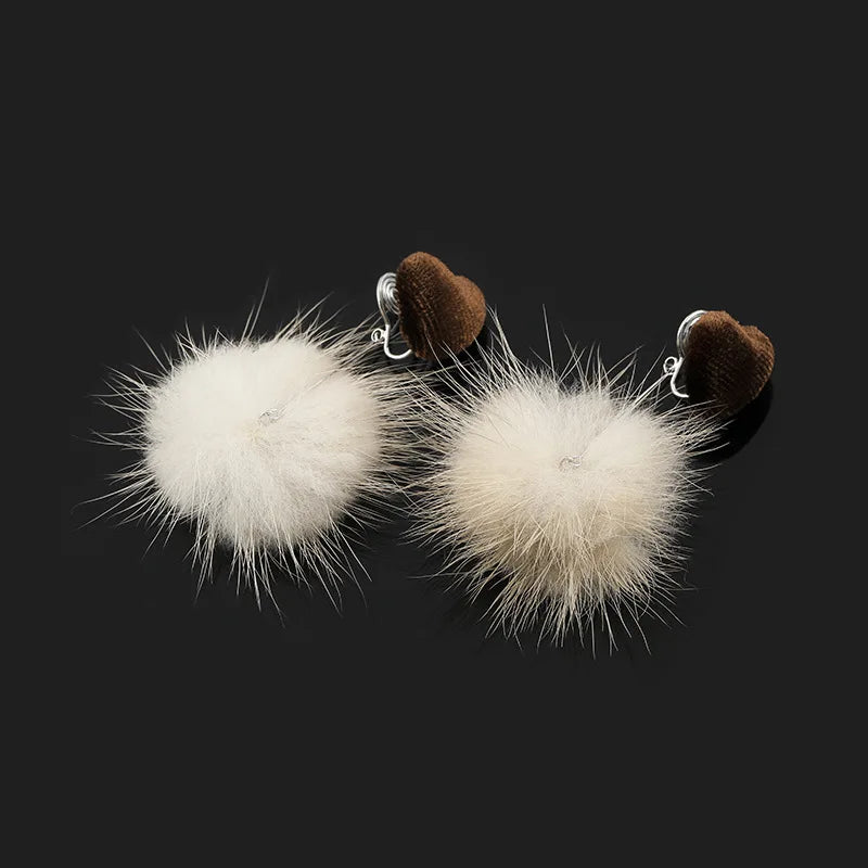 Pink Mink Fur Pom Pom Drop Stud & Clip On No Piercing Alloy Ball Dangle Winter Earrings