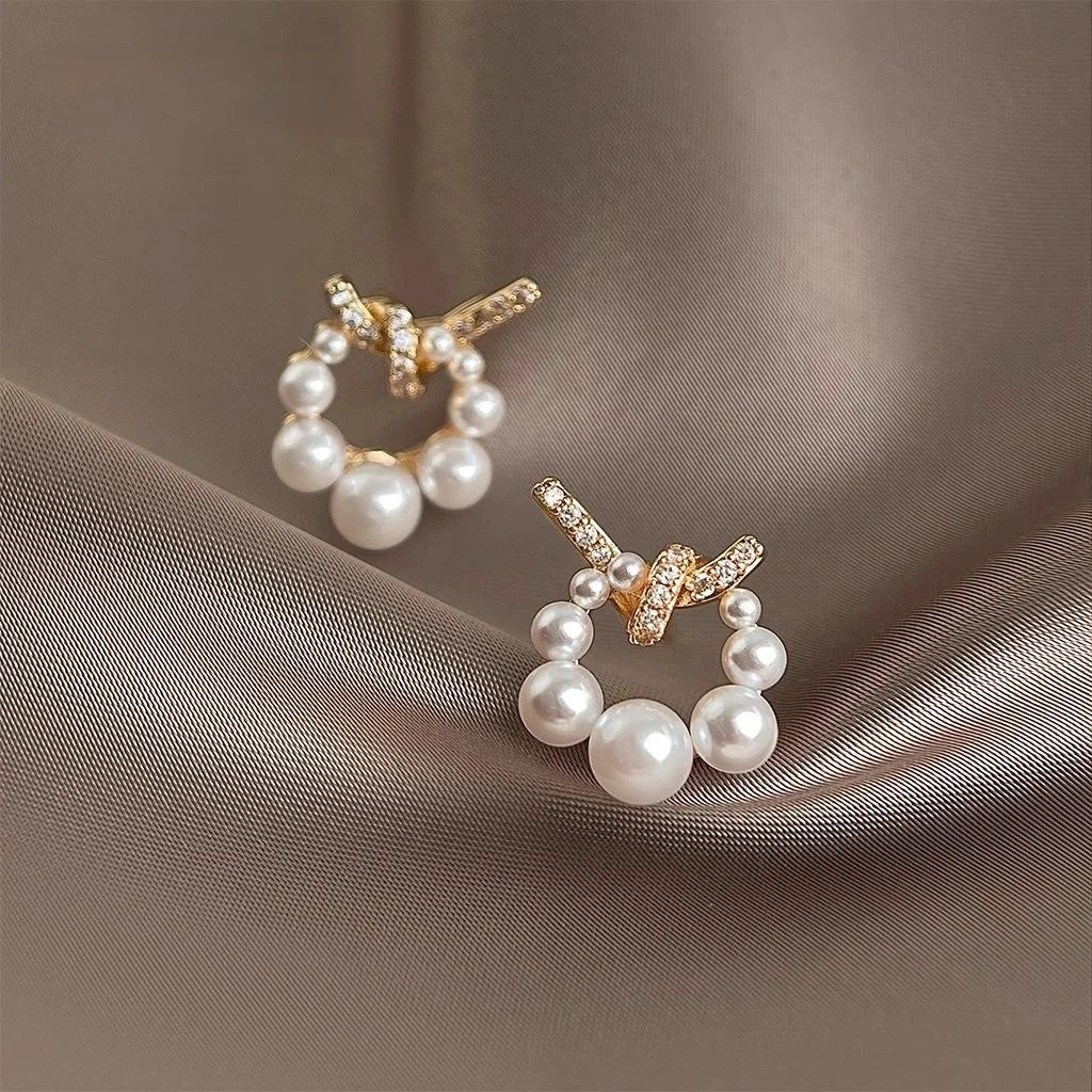 14K Plated Copper Zircon Pearl Geometric Rope Knot Stud Earrings For Women Luxury Minimalist