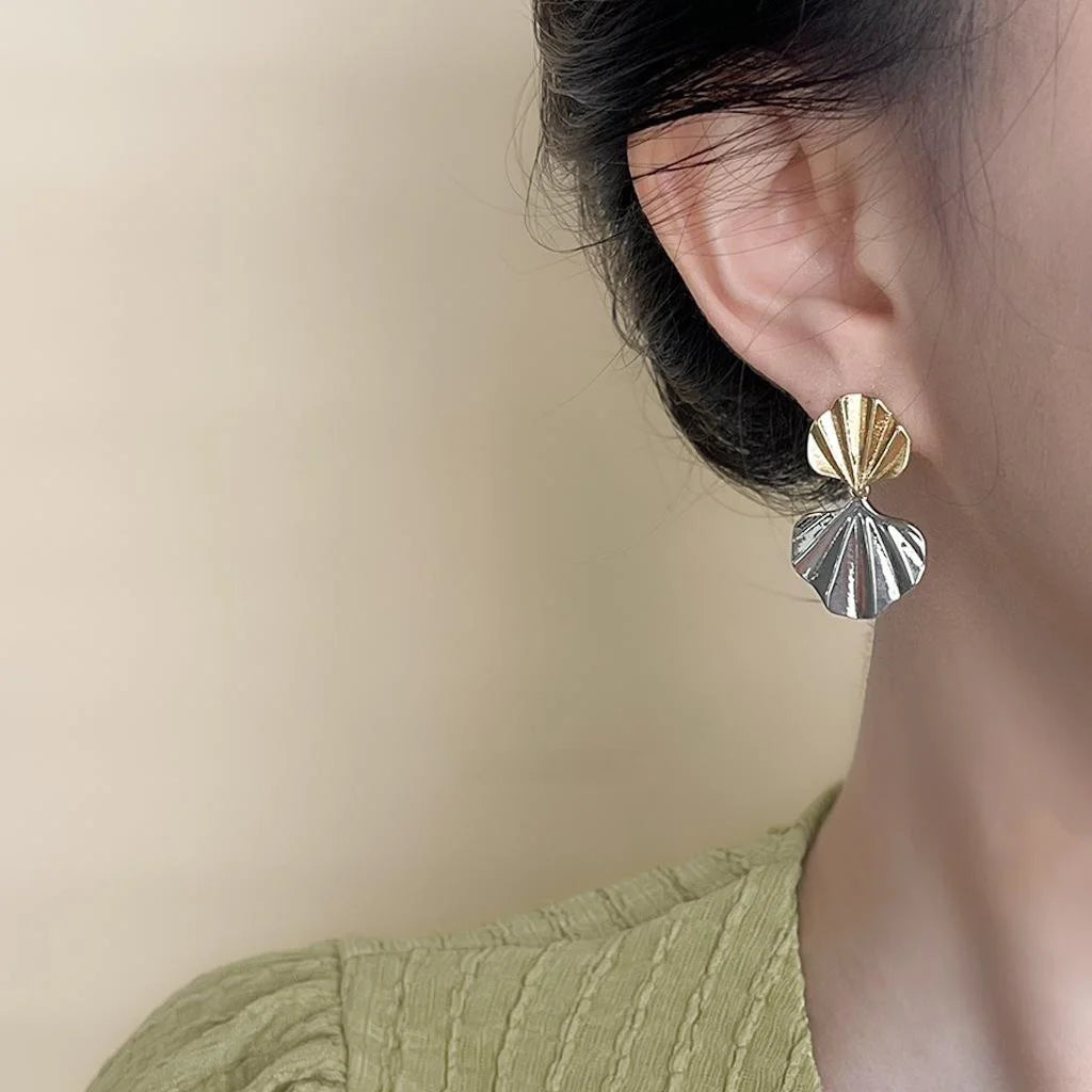 Two Tone Plated Copper Fan Pleated Geometric Drop Earrings For Women Statement Commuter Style