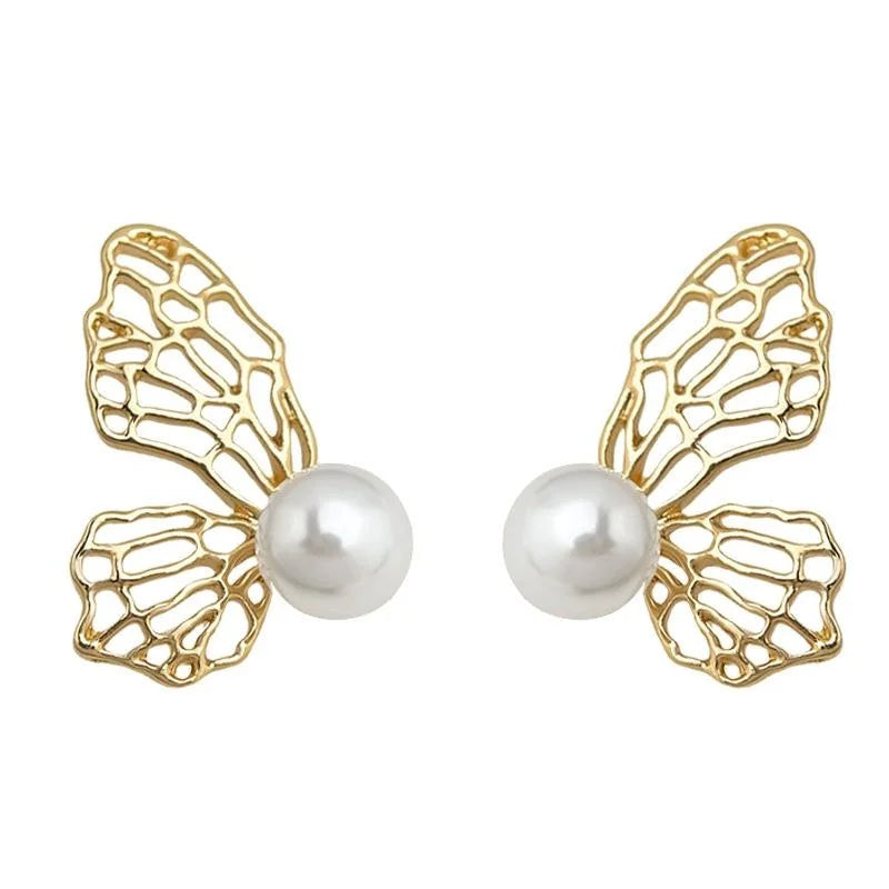2025 New Sweet Hollow Butterfly Faux Pearl Copper Drop Earrings For Women
