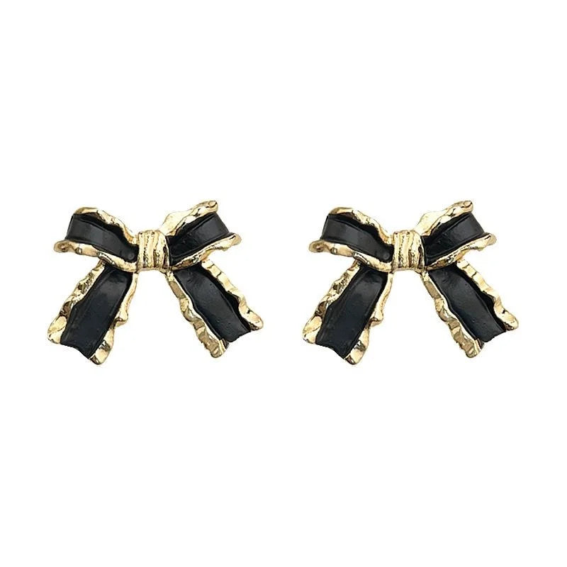 French Vintage 14K Gold Plated Copper Bow Stud Earrings With Enamel Drip Oil Design