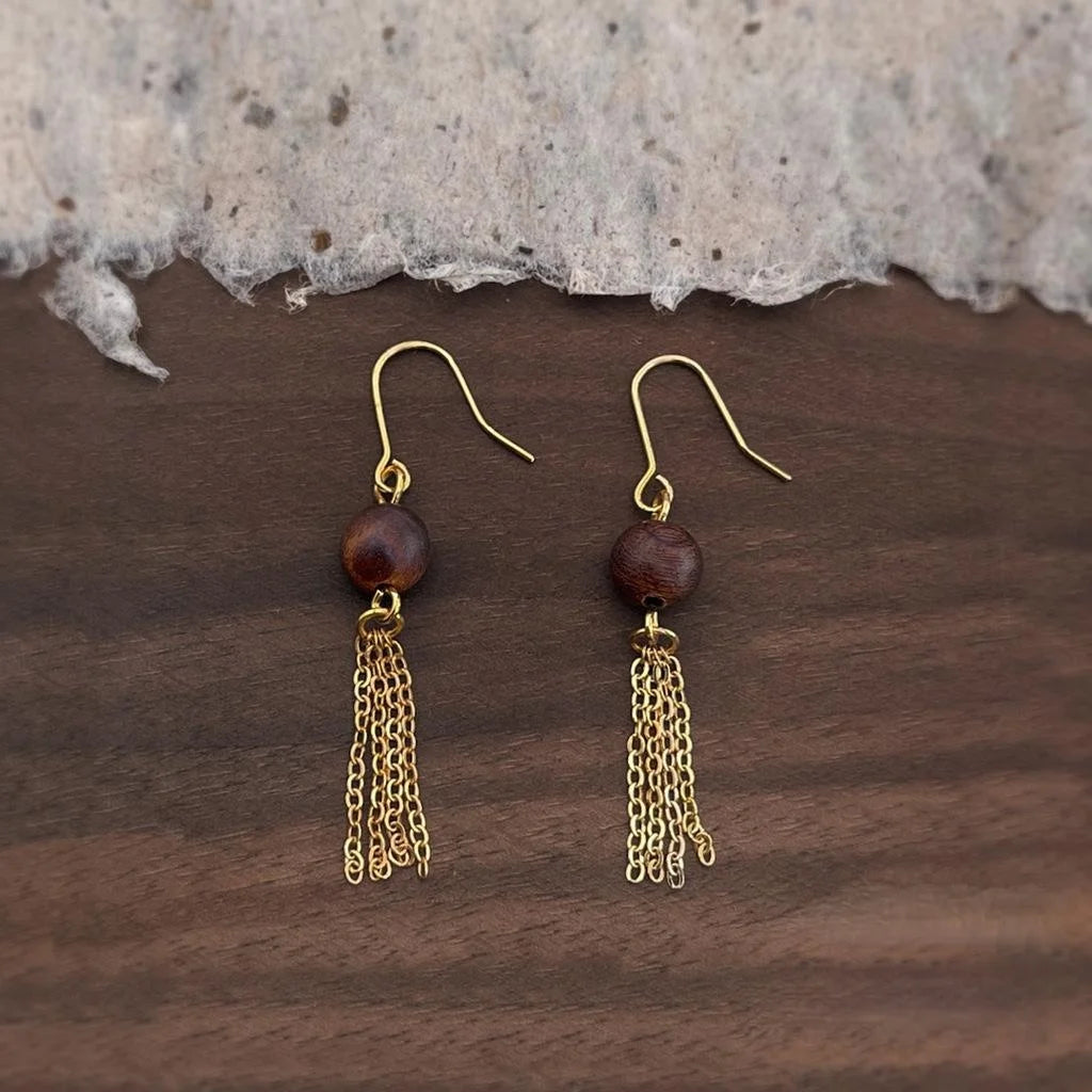 Handmade Wooden Geometric Tassel Drop Earrings for Women Vintage Maillard Style Long Jewelry
