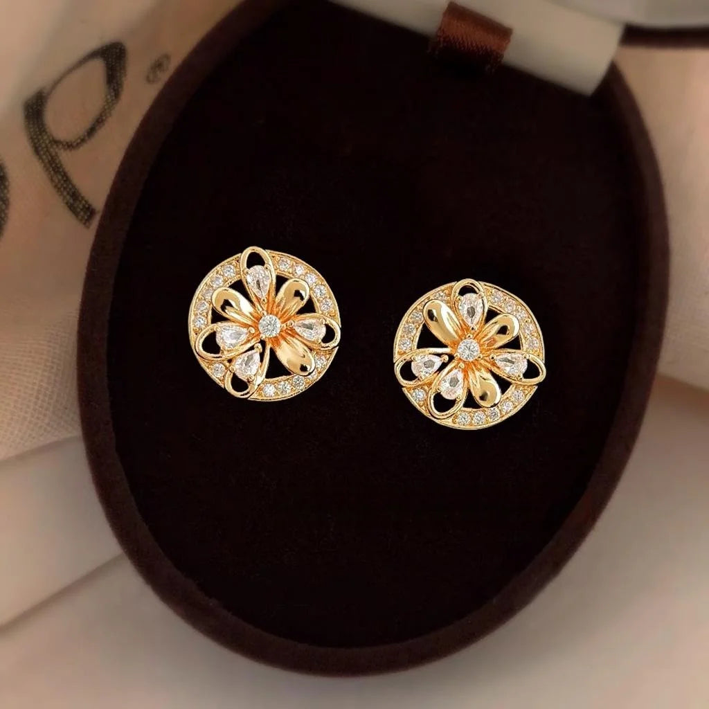 Old Money Vintage Floral Round Zircon Micro Pave Copper Stud Earrings