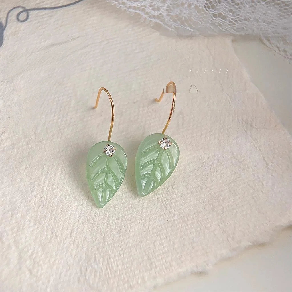 New Chinese Style Glass Synthetic Jade Leaf Tassel Drop Earrings With Micro Pave Zircon