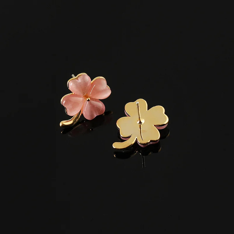 Elegant Pink Cat Eye Clover Alloy Stud & Clip On No Piercing Lucky Four Leaf Flower Earrings