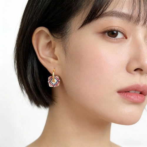Hand Painted Enamel Copper Zircon Floral Auspicious Pattern Court Style Drop Earrings