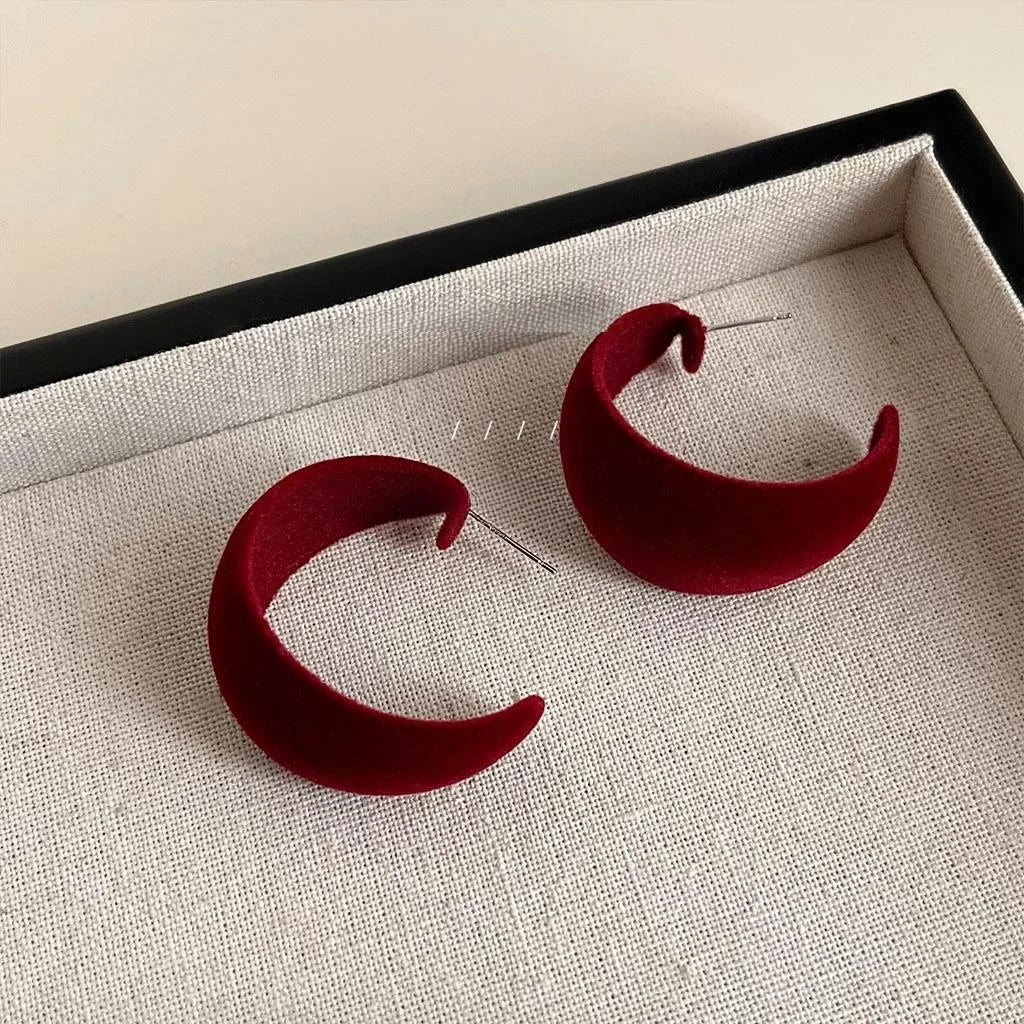 Flocked Burgundy Geometric Hoop Drop Earrings Retro Hong Kong Style Jewelry
