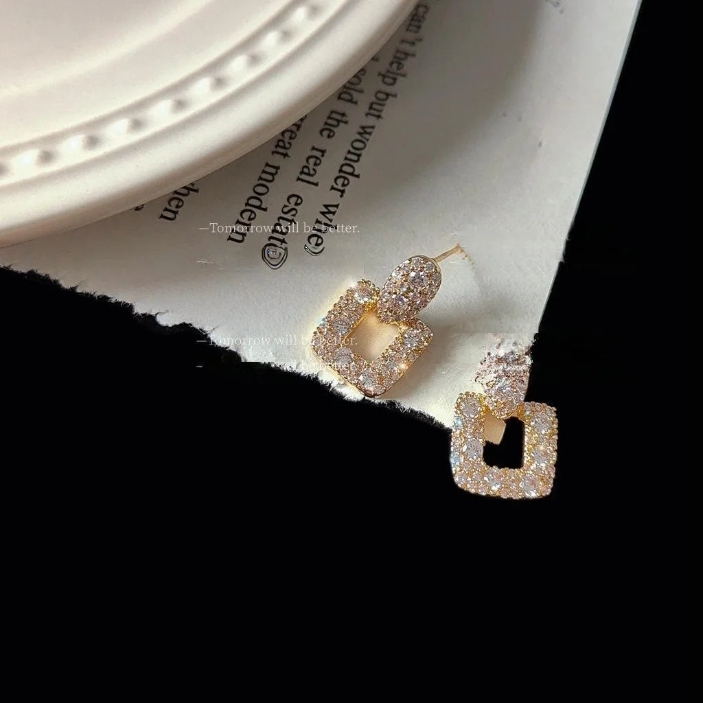 14K Plated Copper Square Geometric Micro Pave Zircon Stud Earrings Korean Style For Women