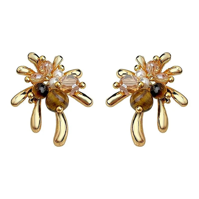 Maillard Style Tiger Eye Pearl Firework Drop Earrings Vintage French Jewelry