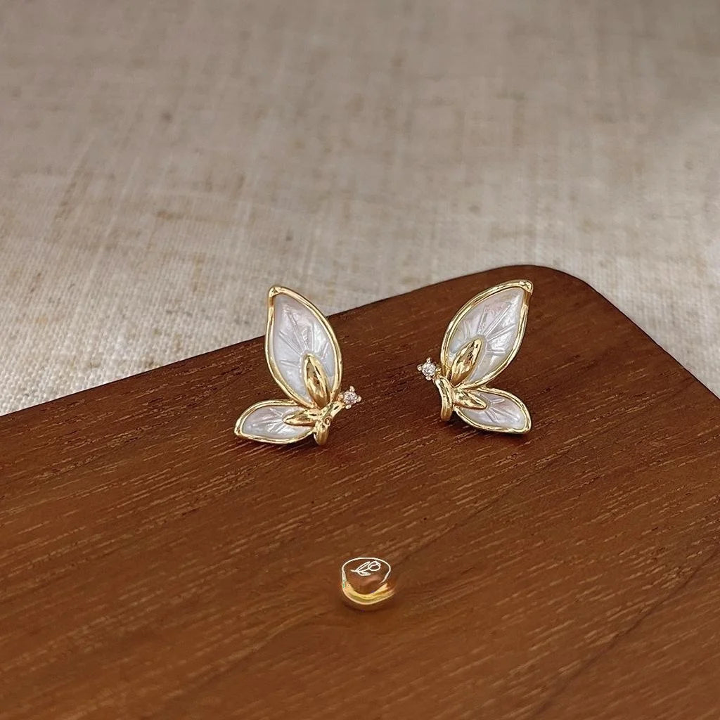 14K Plated Copper Butterfly Stud Earrings, Korean Japanese Elegant Jewelry
