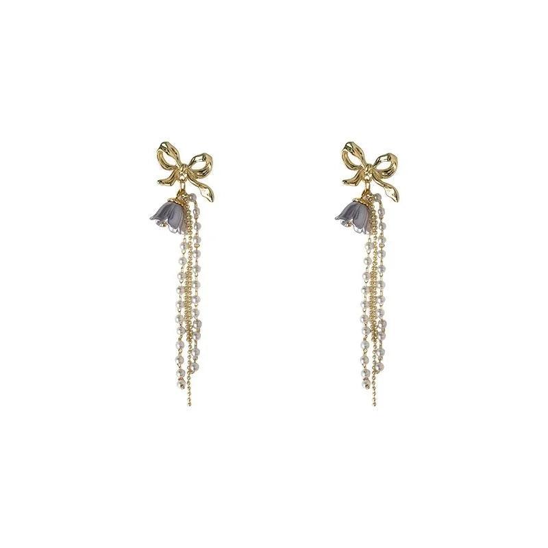 Forest Style Handmade Copper Bow Pearl Tassel Stud Earrings With Silver Plated Pins